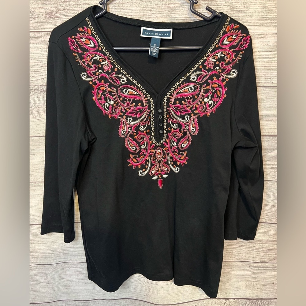 Karen‎ Scott Embroidered Boho Black Top Size M